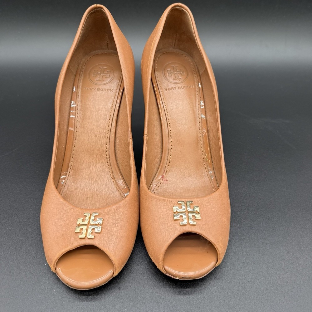 Tory Burch Jolie Tan Leather Peep-Toe Wedge Pumps | Size 6